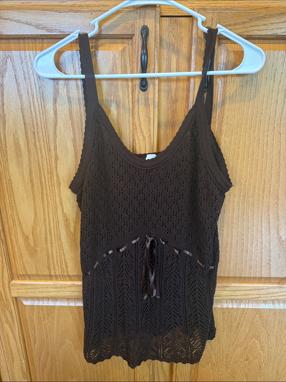 632 American Attitude Plus Size 2X Brown Open Knit Sweater Tank Top Ribbon Waist - Picture 2 of 5